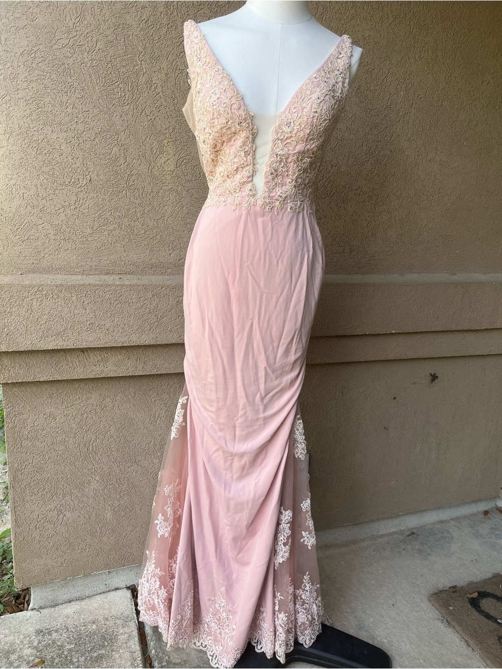 Blush Pink Lace-Trim Maxi Evening Dress - Picture 2 of 12